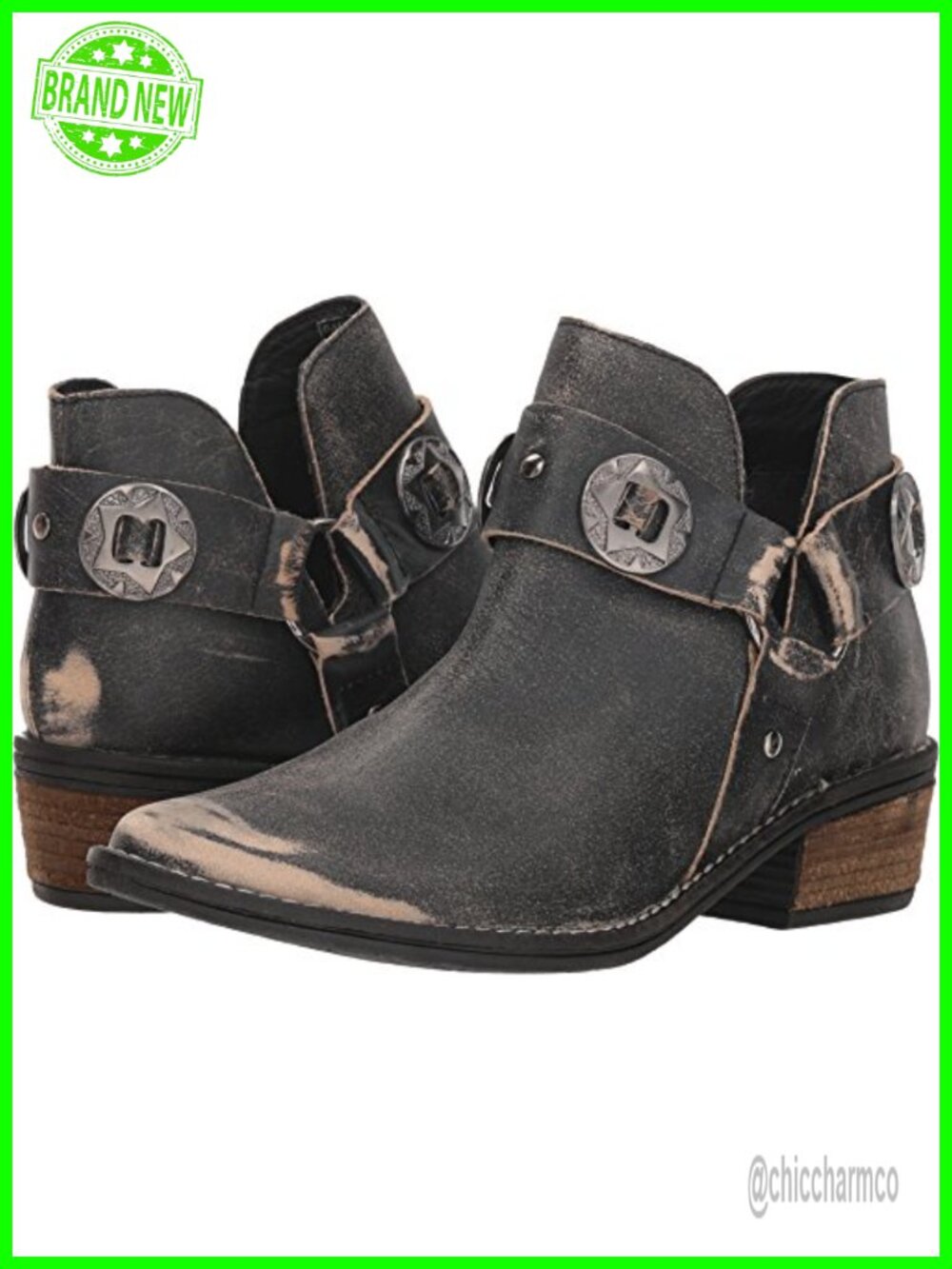 Distressed Leather Pointed Toe Ankle Bootie with Stacked Block Heel